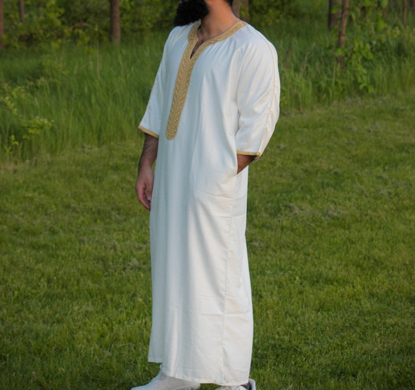 Pure White with Gold Moroccan Thobe